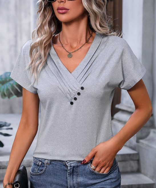Fashion Solid Color V Neck Casual Tops