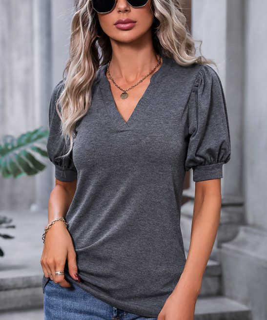 Puff Sleeve Solid Color V Neck Casual Tops