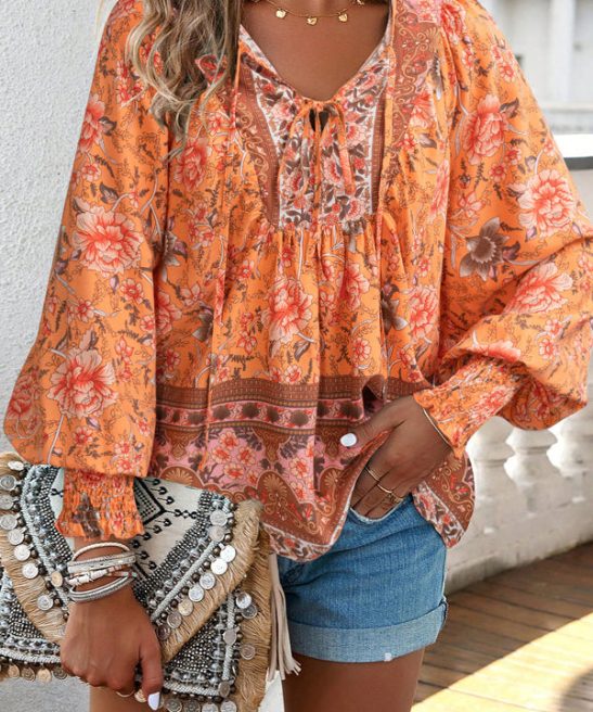 Floral Print Long Sleeve V Neck Casual Tops